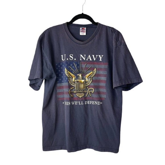 US Navy  This We'll Defend, Eagle - Flag Men's Blue Bayside Brand T-shirt Large - Picture 1 of 6